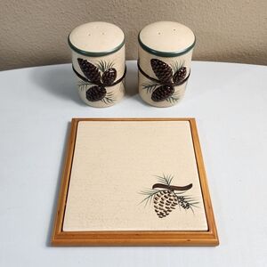 Expressions Porcelain Pinecone Salt & Pepper/Trivet Cabincore Set